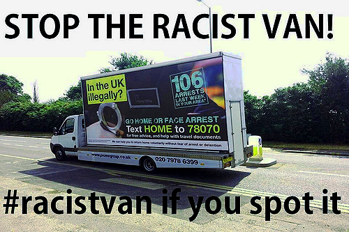 Rassistische Werbung des britischen Innenministeriums operiert mit falschen Zahlen http://www.bbc.co.uk/news/uk-24452551 Credit: http://liberalconspiracy.org/