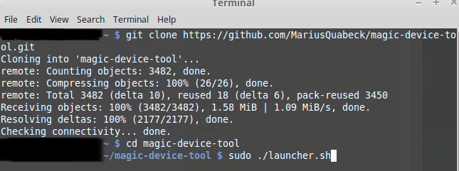 Mit git wird das magic-device-tool geklont und in den folgenden zwei Schritten gestartet.