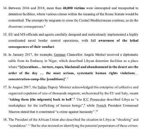 Screenshot: Communication to the Office of the Prosecutor of the International Criminal Court Pursuant to the Article 15 of the Rome Statute EU Migration Policies in the Central Mediterranean and Libya (2014-2019) Omer Shatz, Dr. Juan Branco, 2019