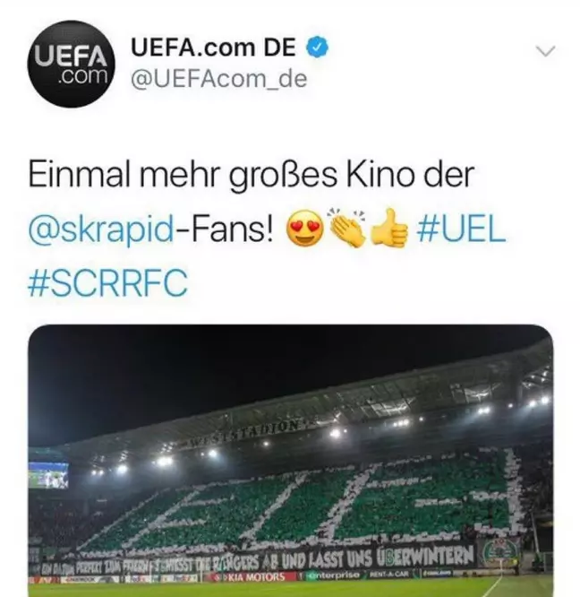 Die UEFA fand diese 1312 Choreo der SK Rapid Fans: "Einmal mehr großes Kino". Der Post verschwand schnell wieder (Screenshot: früheres Twitter)